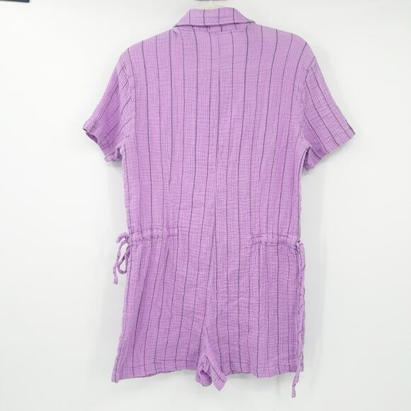 Monrow Womens Boho Pinstripe Gauzy Cotton Collared Shirt Romper Size L Lavender‎ - Picture 8 of 8